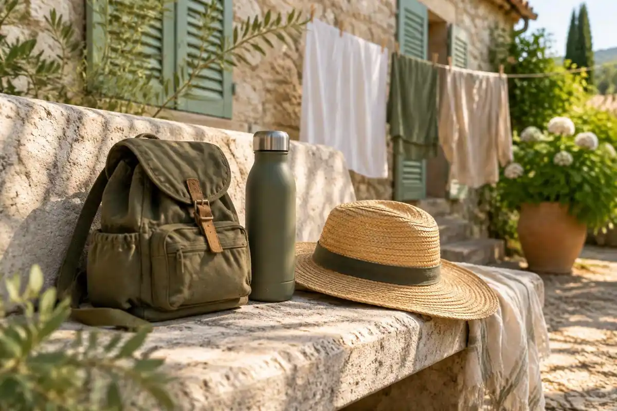 Small pack, sun hat and water bottle on a stone bench beneath pastel shutters