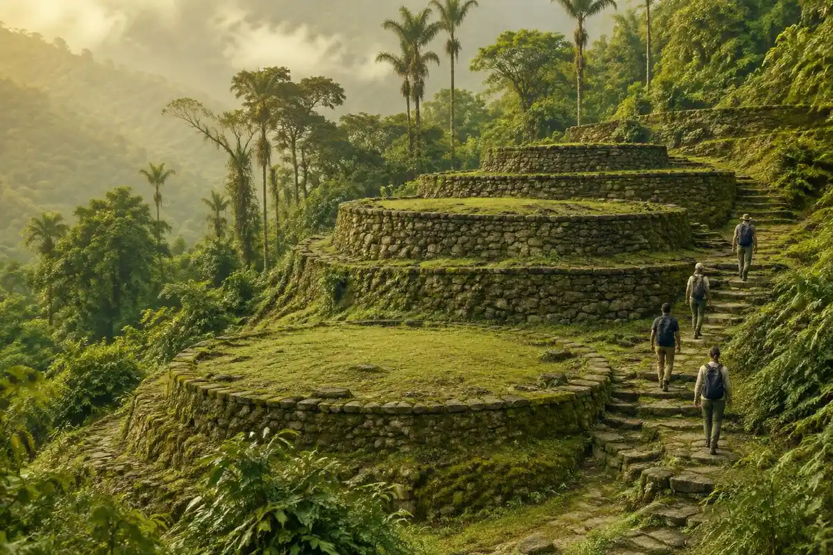 Moss-covered circular stone terraces on a jungle hillside with walkers on steps