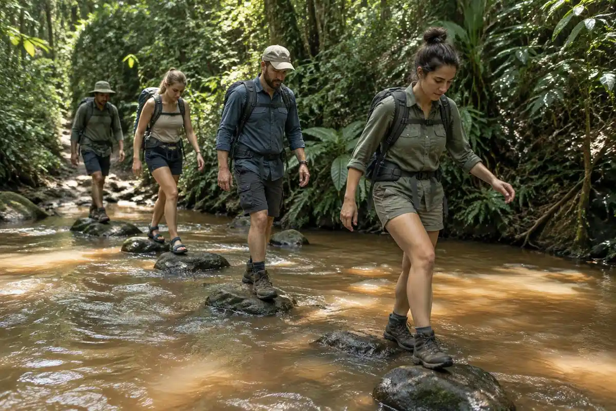 Hikers crossing a shallow river on stepping stones in dense jungle