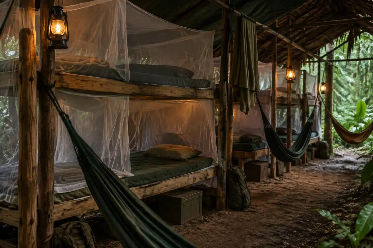 Bunk beds under mosquito nets in an open-sided jungle camp