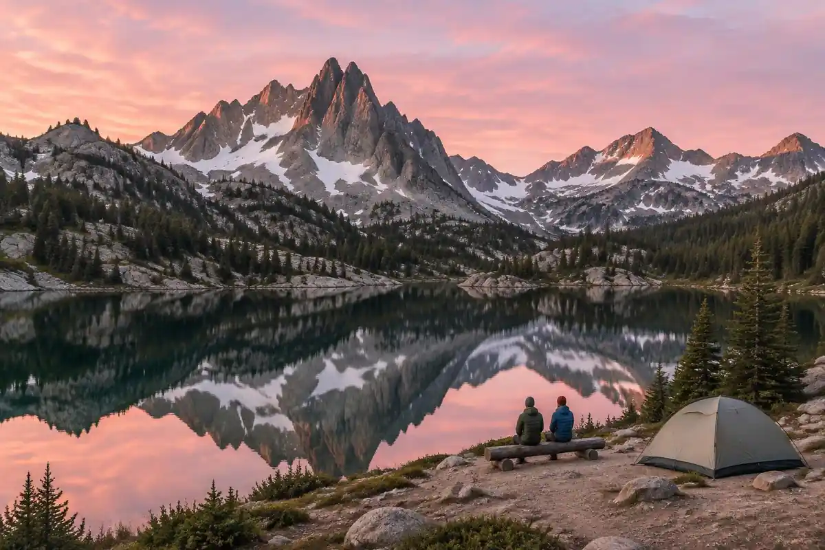 Granite peaks reflecting in a large glacial lake at dawn