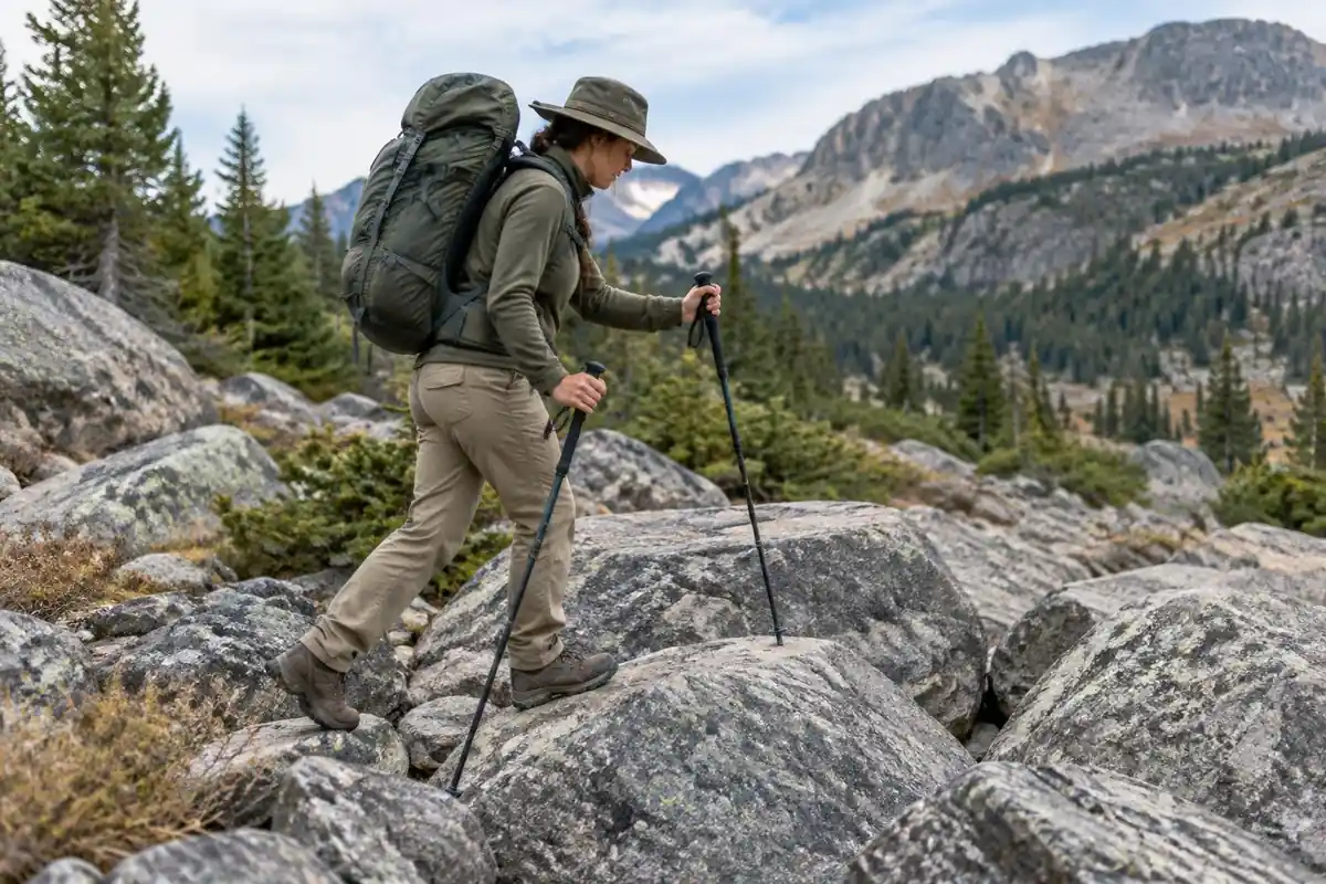 Backpacker crossing a boulder field with trekking poles