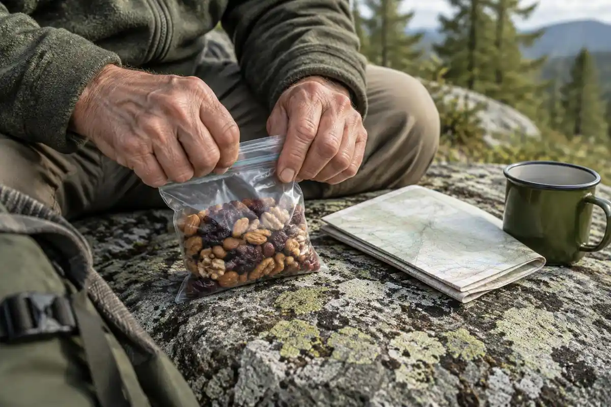 Hands sealing a small pouch of trail mix beside a map