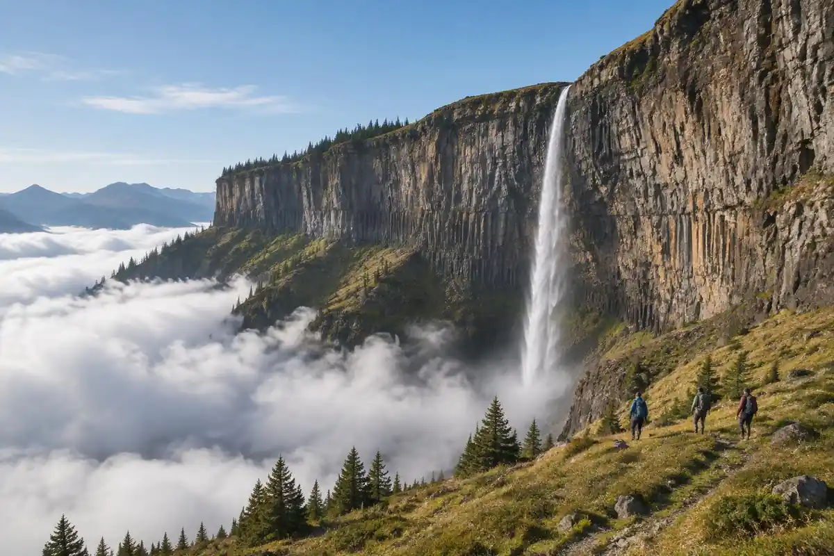 Curved basalt cliff wall with a thin waterfall and tiny hikers on a grassy shelf