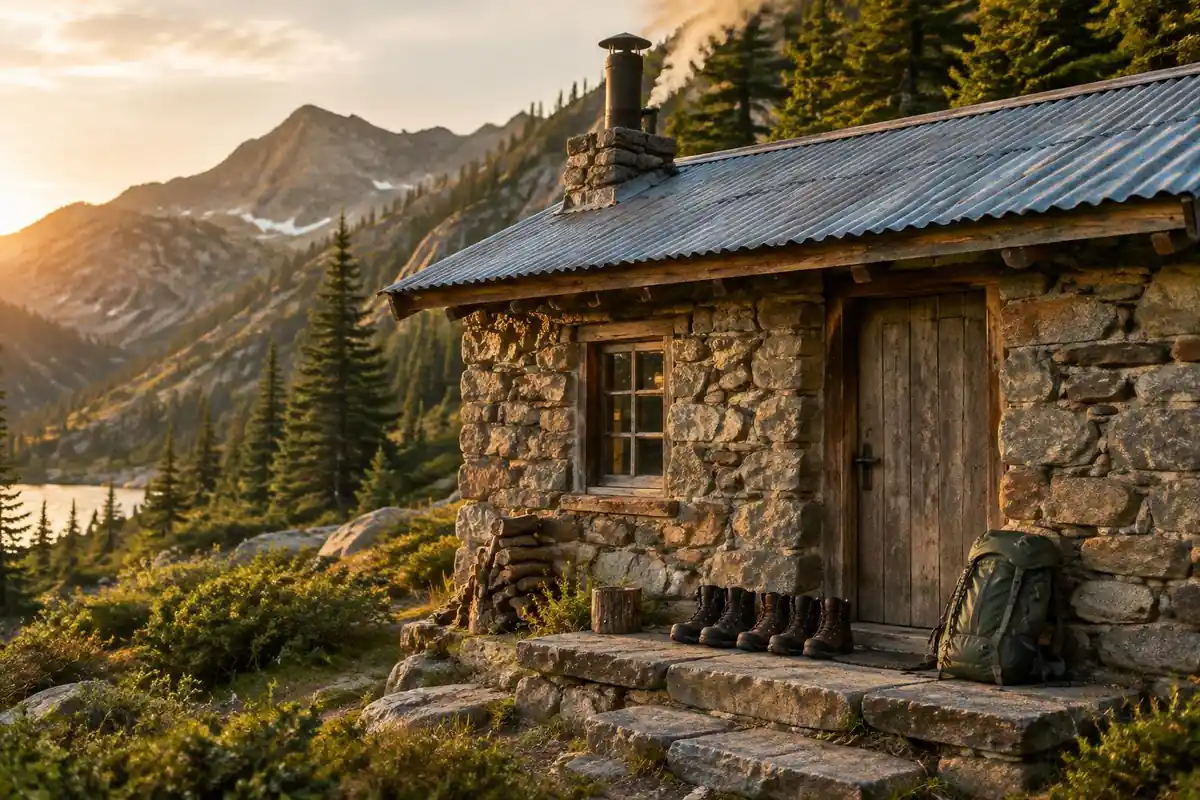Small stone hut with a smoking chimney and boots and a daypack on the step