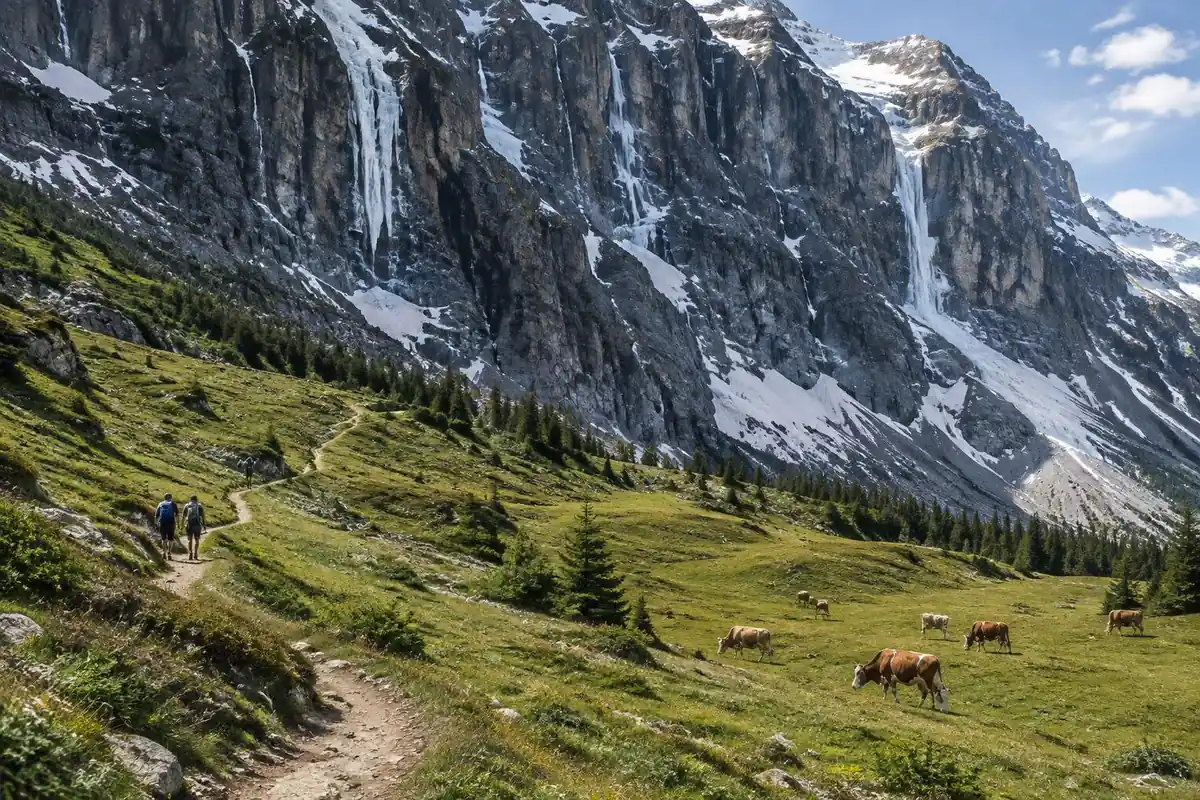 A broad hillside path below an enormous shadowed rock wall above green meadows with grazing cows