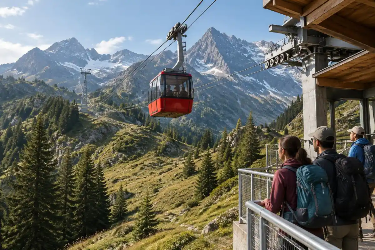 A cable-car gondola rising over alpine pasture and pine forest