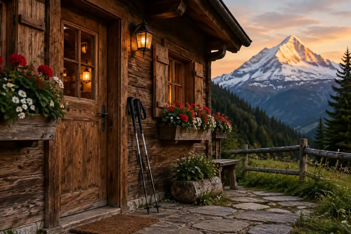 A village chalet with flower boxes and two trekking poles by its door at evening