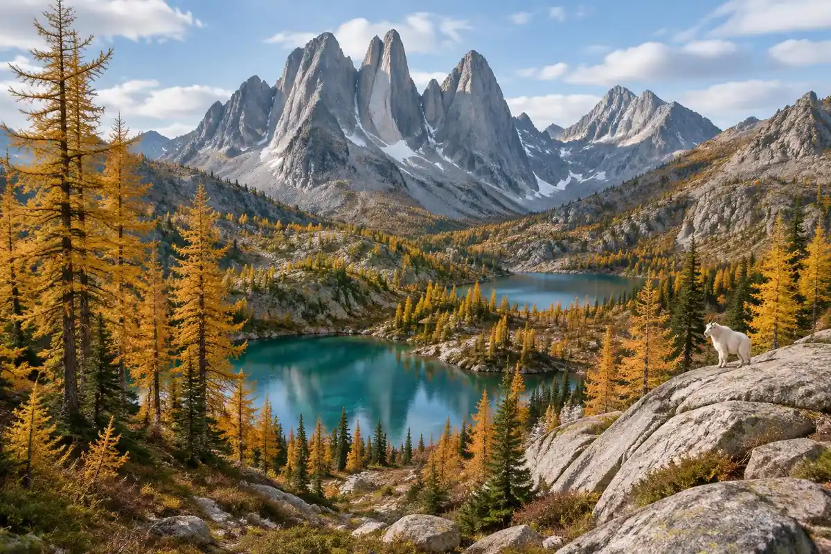 Alpine larches glowing golden beside turquoise lakes with granite spires