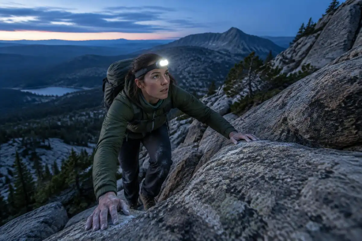 A hiker climbing a steep boulder-and-slab route at pre-dawn with headlamp