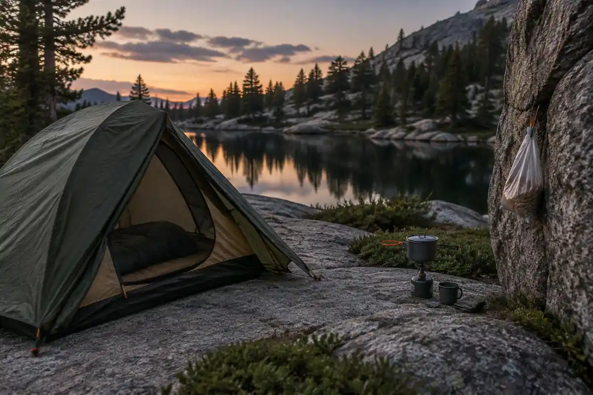 A small tent camp on a granite bench near a pond with hung food sacks