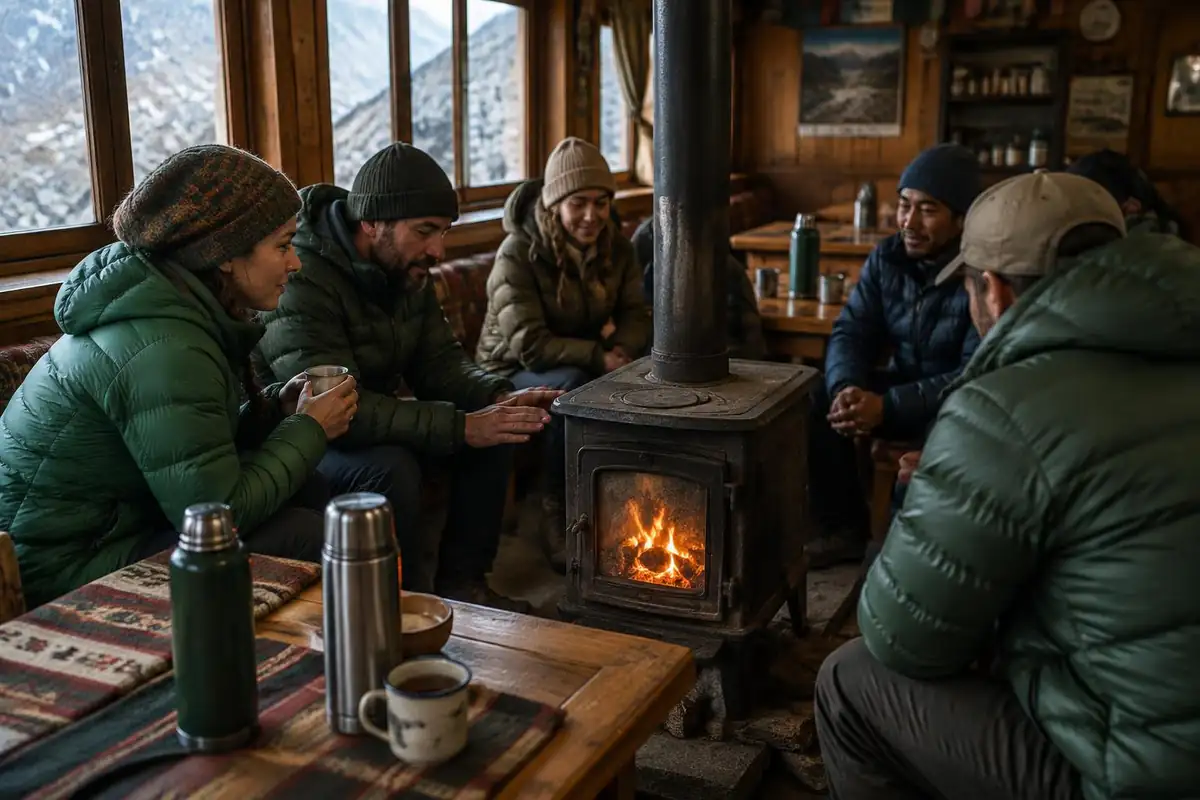Trekkers in down jackets around a stove in a dim tea-house dining room