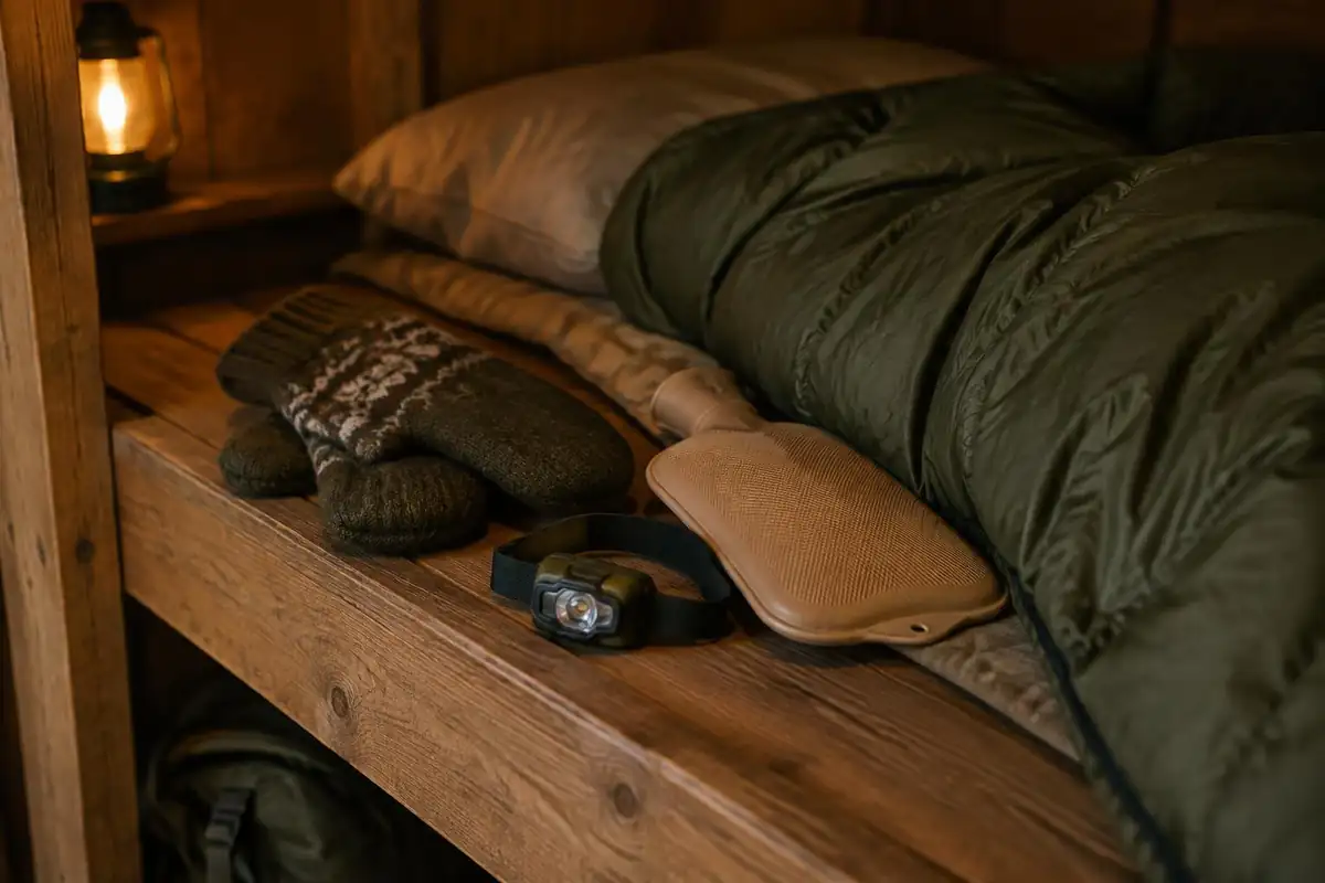 Mittens, headlamp and hot-water bottle on a bunk with a sleeping bag
