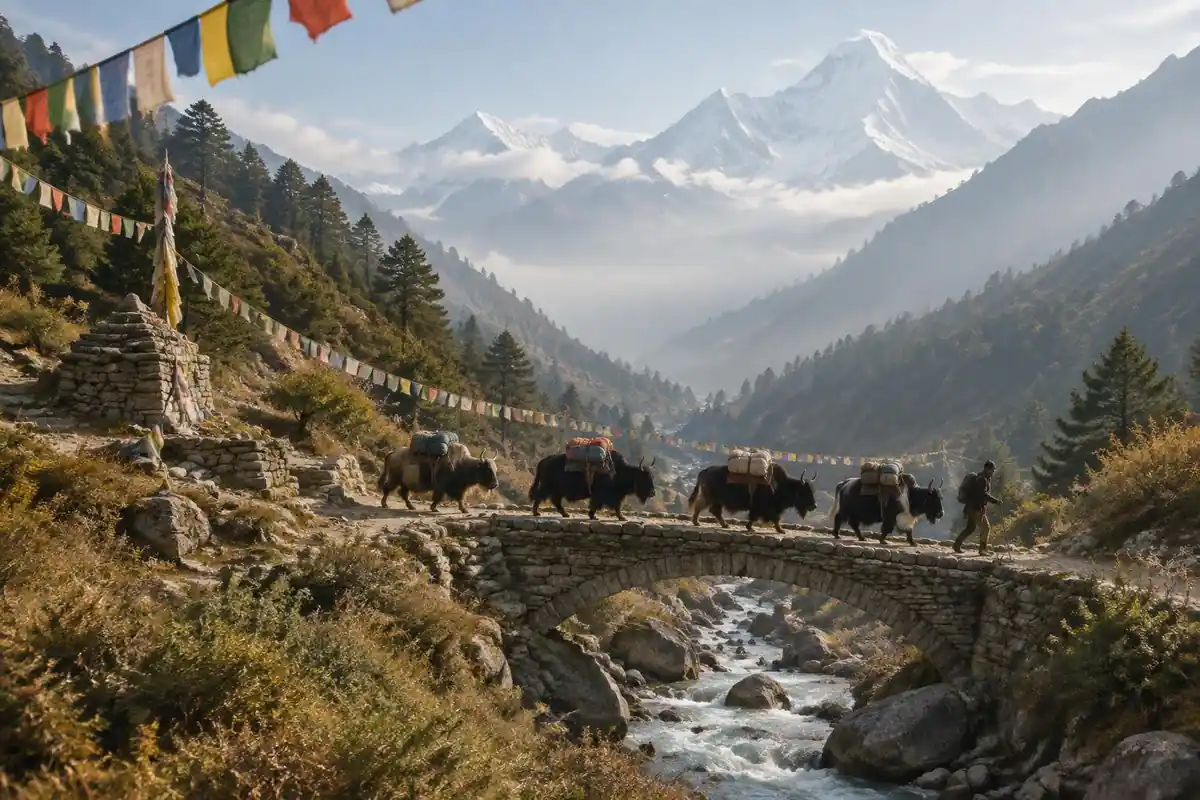A Himalayan-style valley trail with prayer flags and a small yak train