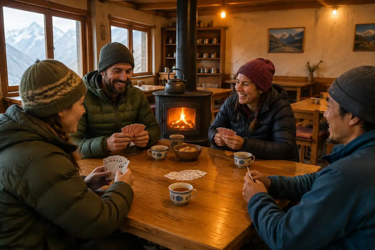 Hikers sharing tea in a teahouse dining room with a stove in the middle