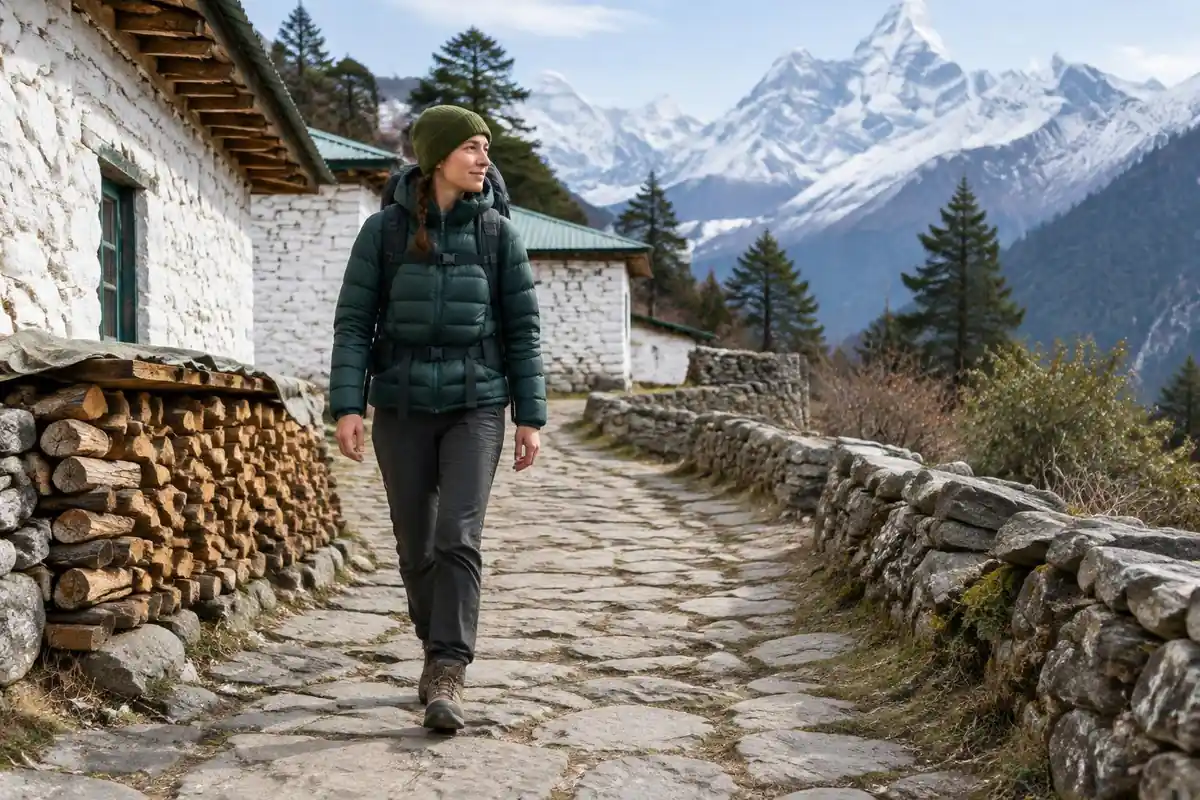 A trekker in a down jacket and beanie walks a stone-paved lane past lodge walls