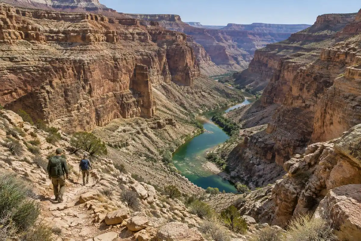 Vast dry canyon with layered ochre walls and a winding river pool with small hikers