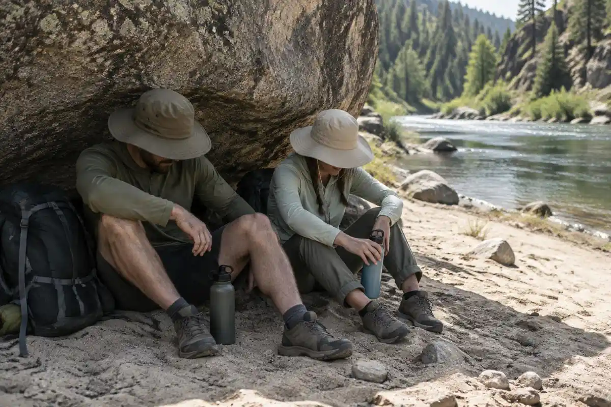 Two hikers resting in boulder shade on a sandy riverbank with water bottles