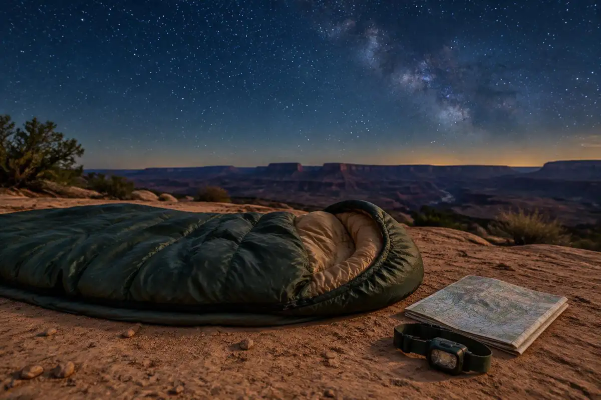 Sleeping bag on a rock ledge under stars beside a map and headlamp