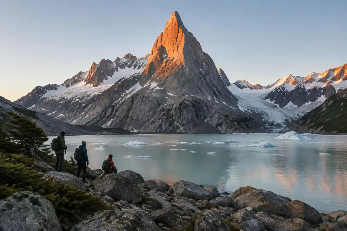 Granite spire flushed with sunrise above a glacial lagoon and small hikers