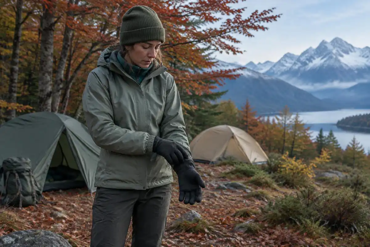 Hiker pulling on gloves at a forest camp under autumn-red beech leaves