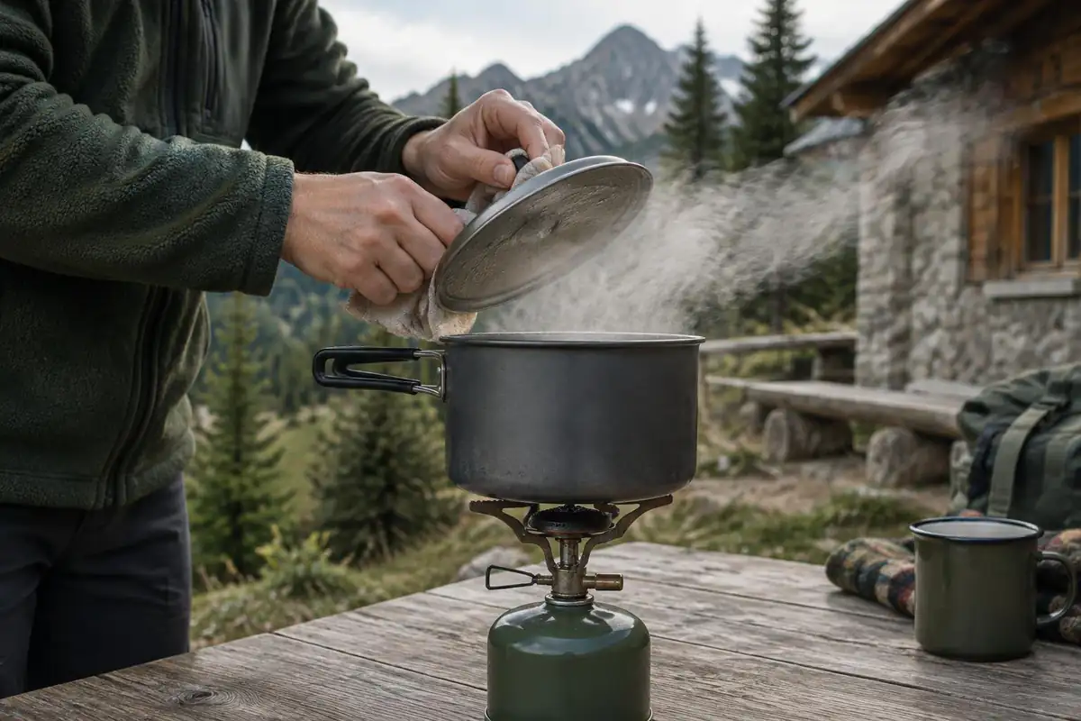 Hands beside a small stove and steaming pot on a table outside a hostel