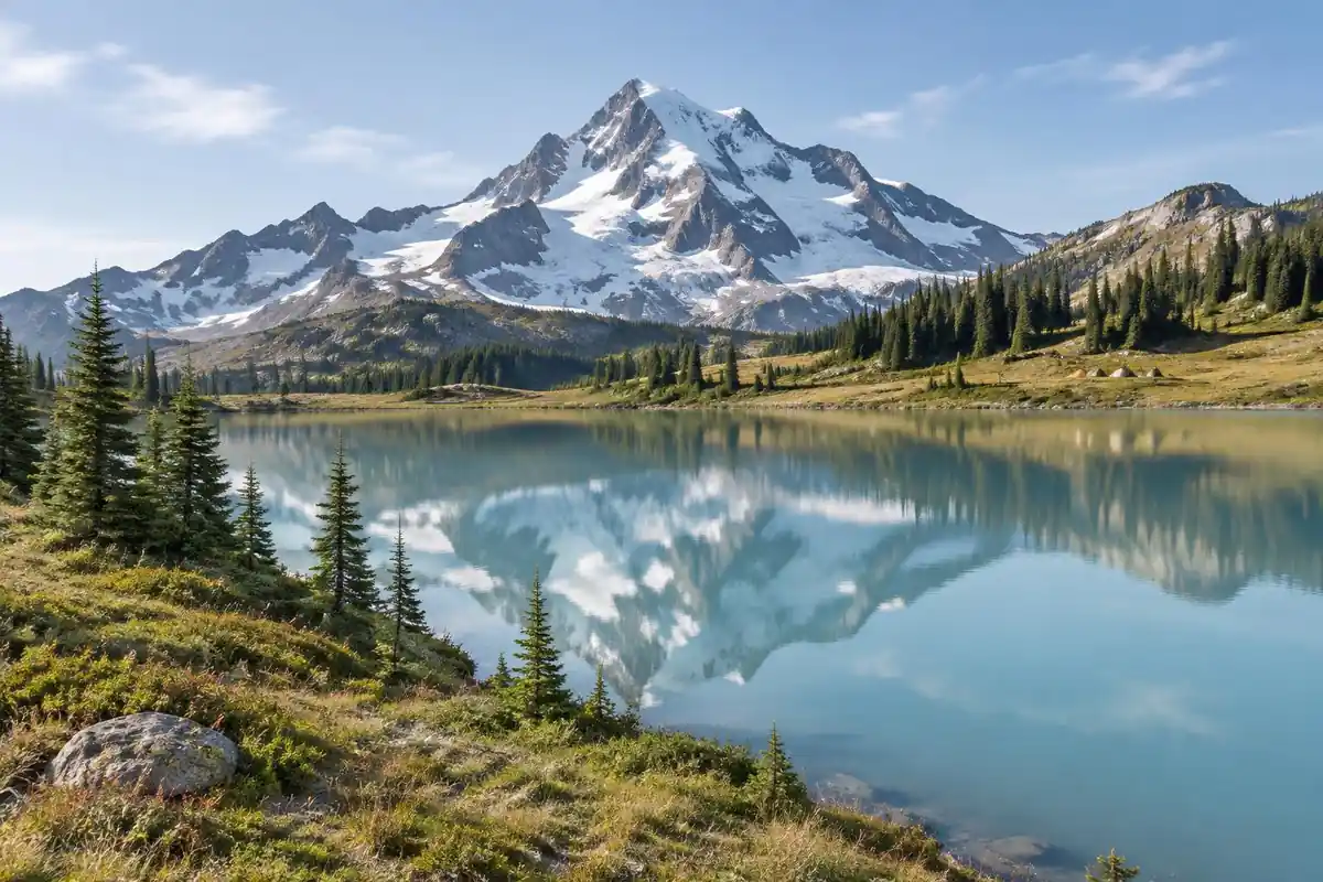 An alpine lake with bright glacier-fed colour and a peak reflected