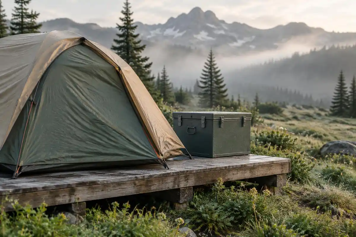 A campground food cache box and a tent platform in forested meadow