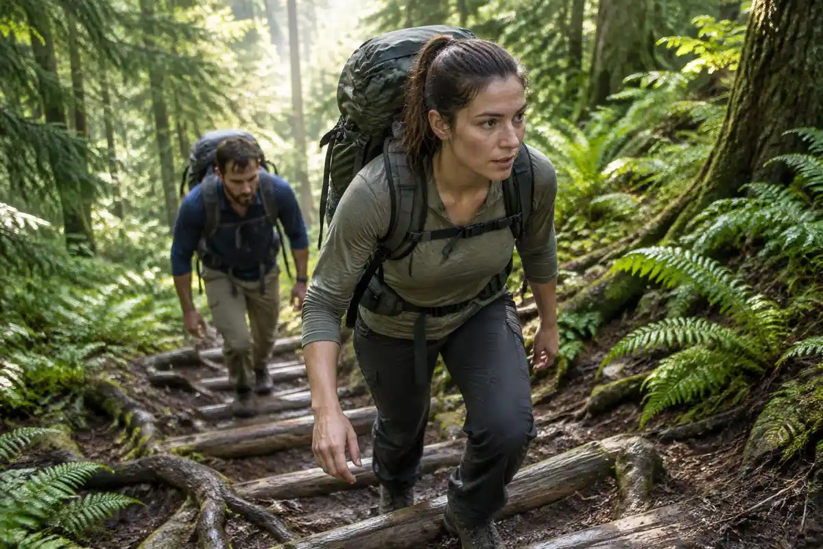 A steep switchback forest trail with hikers stepping up wooden stairs