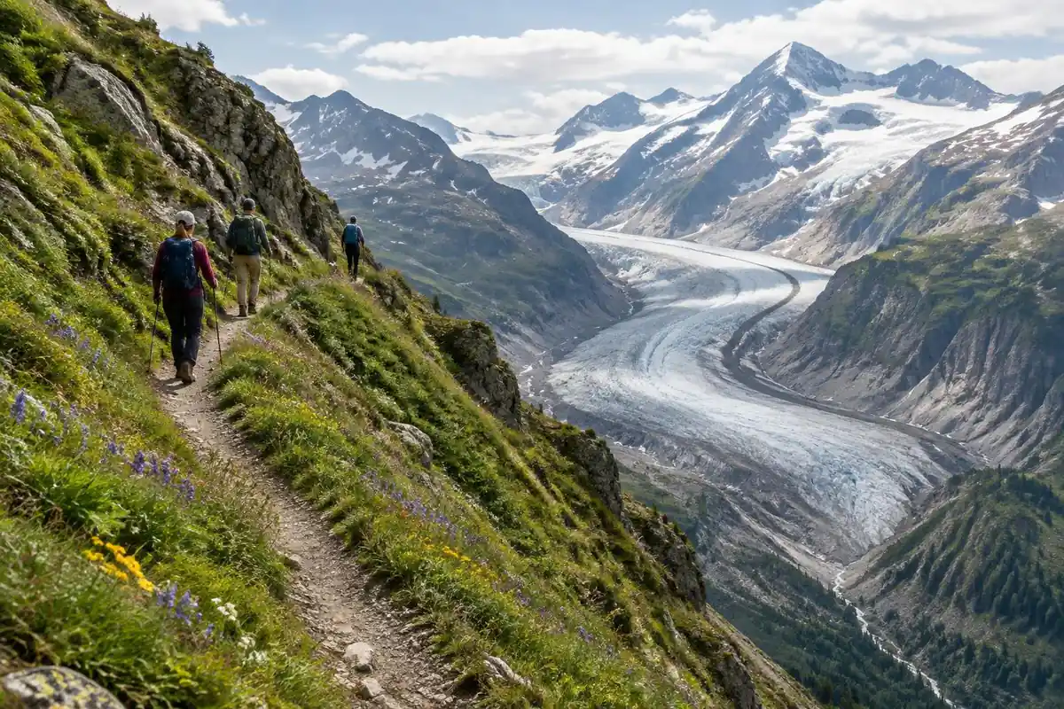 A narrow path traced along a steep alpine hillside above a glacier-carved valley