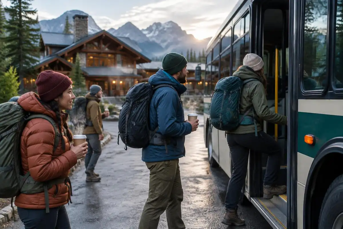 A hiker boarding a park shuttle at dawn beside a wooden lodge