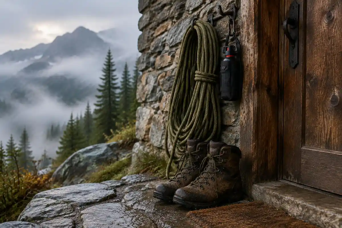 Hiking boots lined by a stone chalet door on a misty mountainside