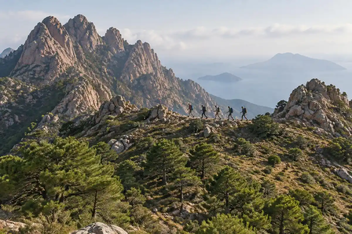 Jagged granite ridgeline with a line of trekkers crossing a high saddle in morning haze