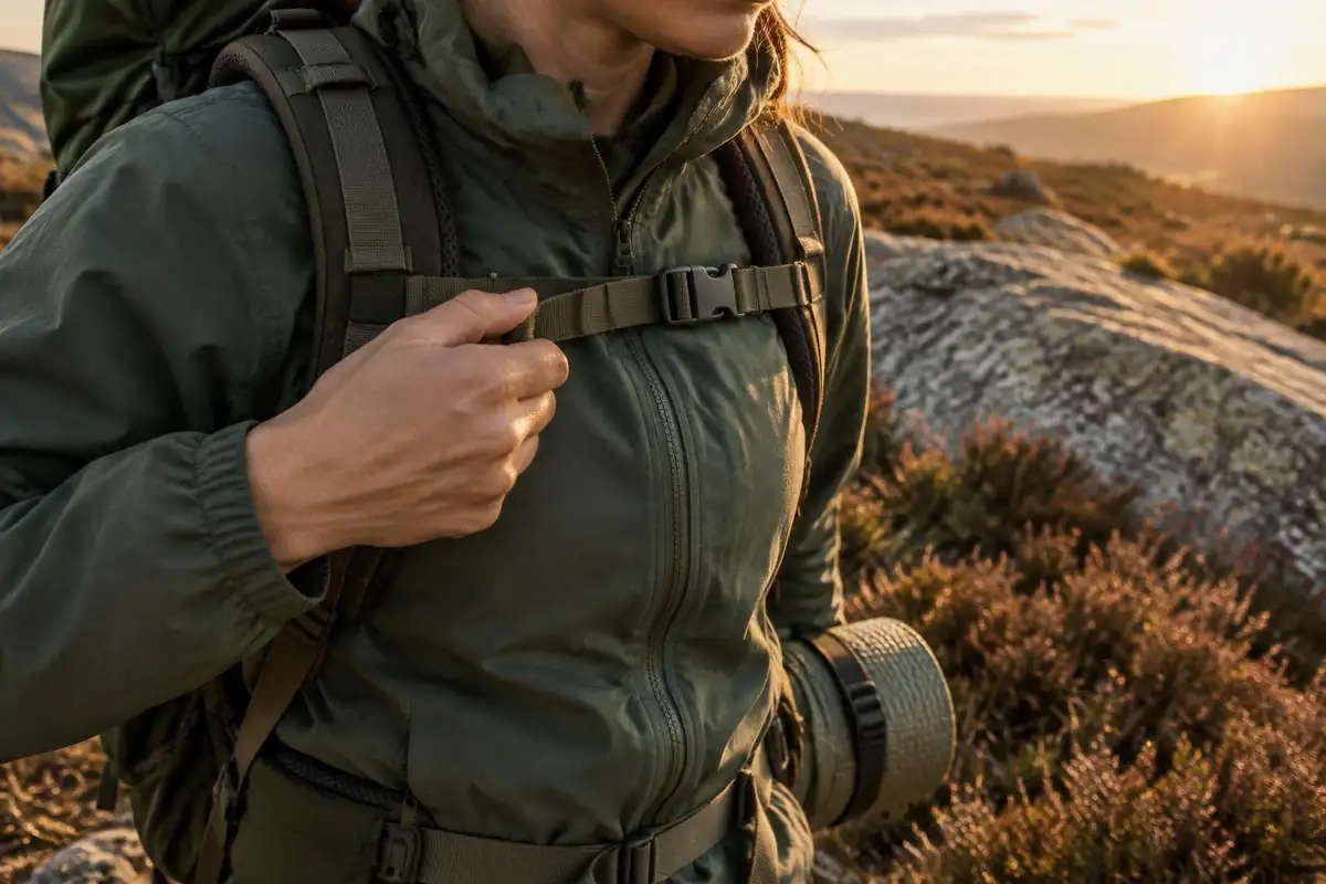 Hand tightening a chest strap on a backpack with a rolled mat, granite slab behind