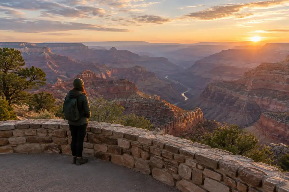 Layered canyon walls in warm bands at sunrise viewed from the rim