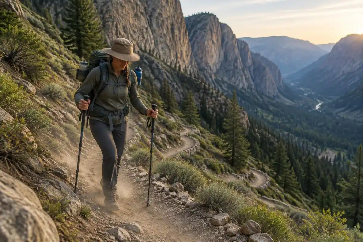 A hiker descending switchbacks in a wide hat with hiking poles and large water bottles