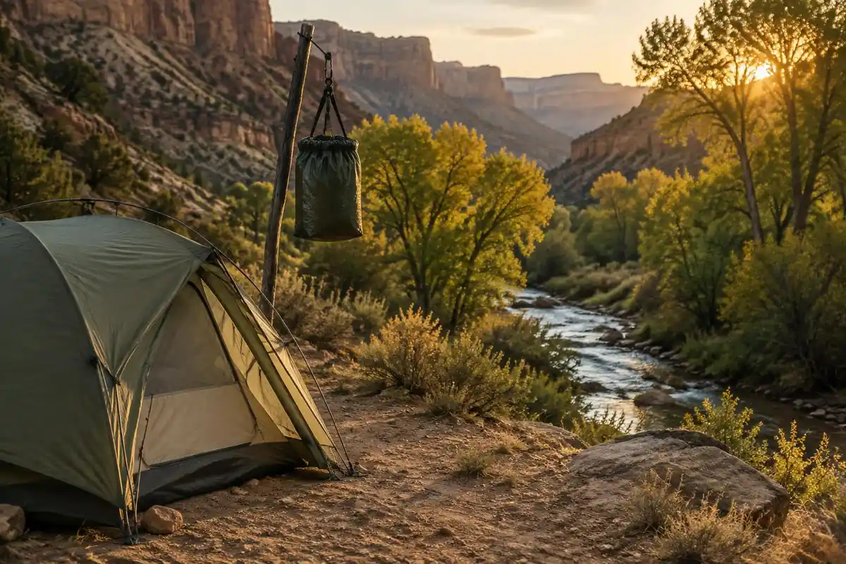 A campground with tent and dry-camp gear on a canyon bench near a creek and cottonwood