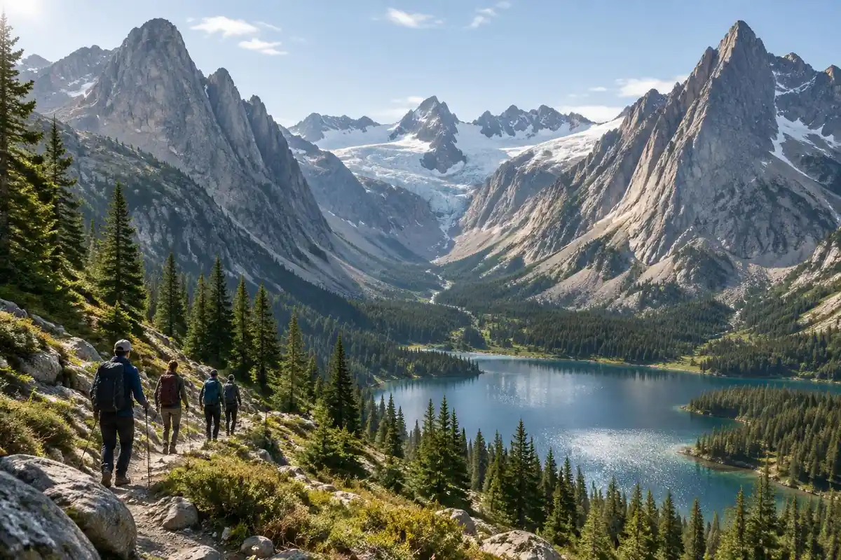 A glacial canyon cutting between granite peaks with a forested valley floor and lake