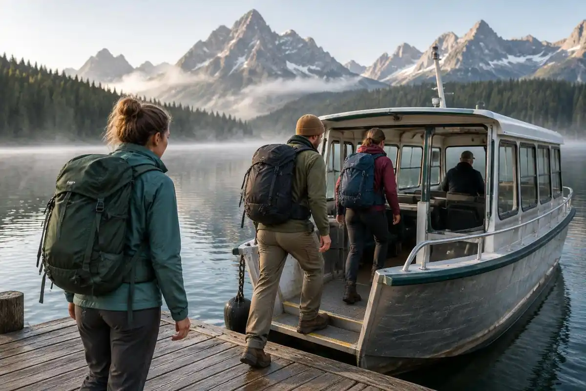 Hikers boarding a small passenger boat across a lake with packs