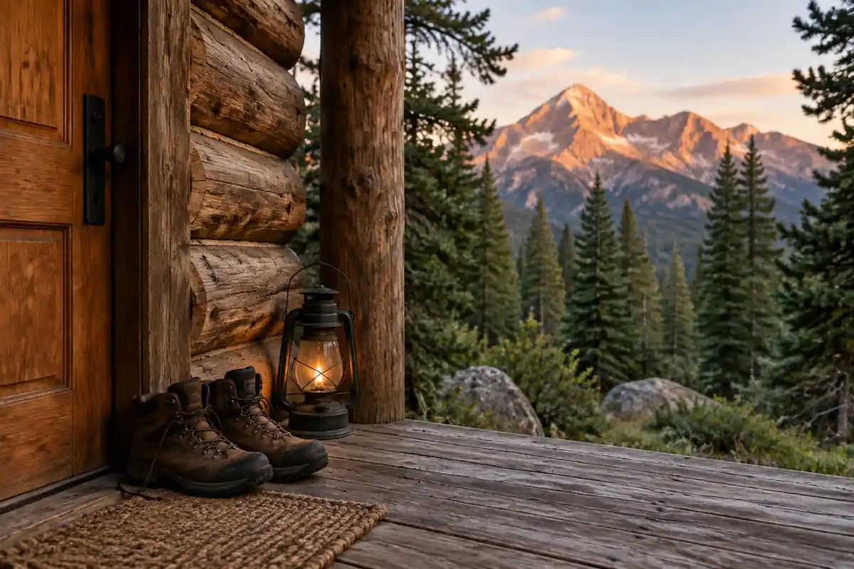 A lodge cabin with a wooden porch and pine trees in a park at evening