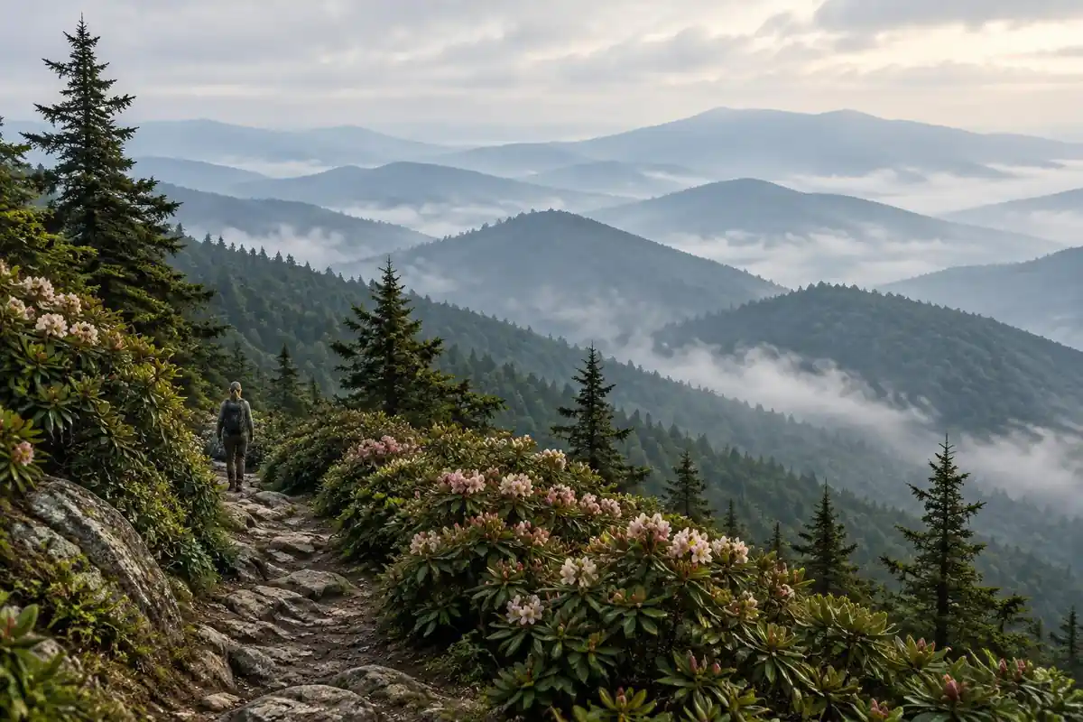 A misty ridge forest with layered blue ridges and rhododendron along a trail