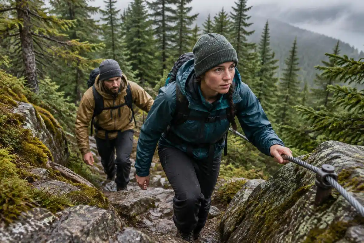 Hikers ascending steps with cable handholds up a fir-covered rocky slope