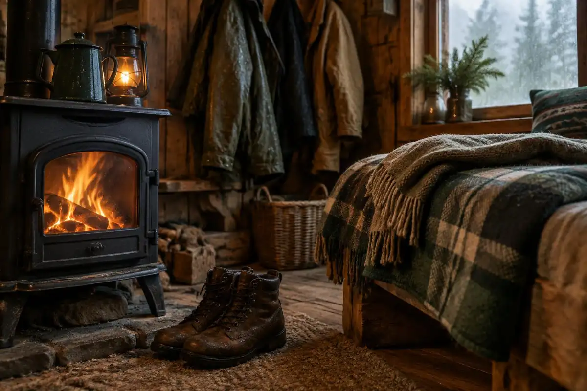 A mountain lodge dining area with lantern light, stacked wool blankets and boots by the stove