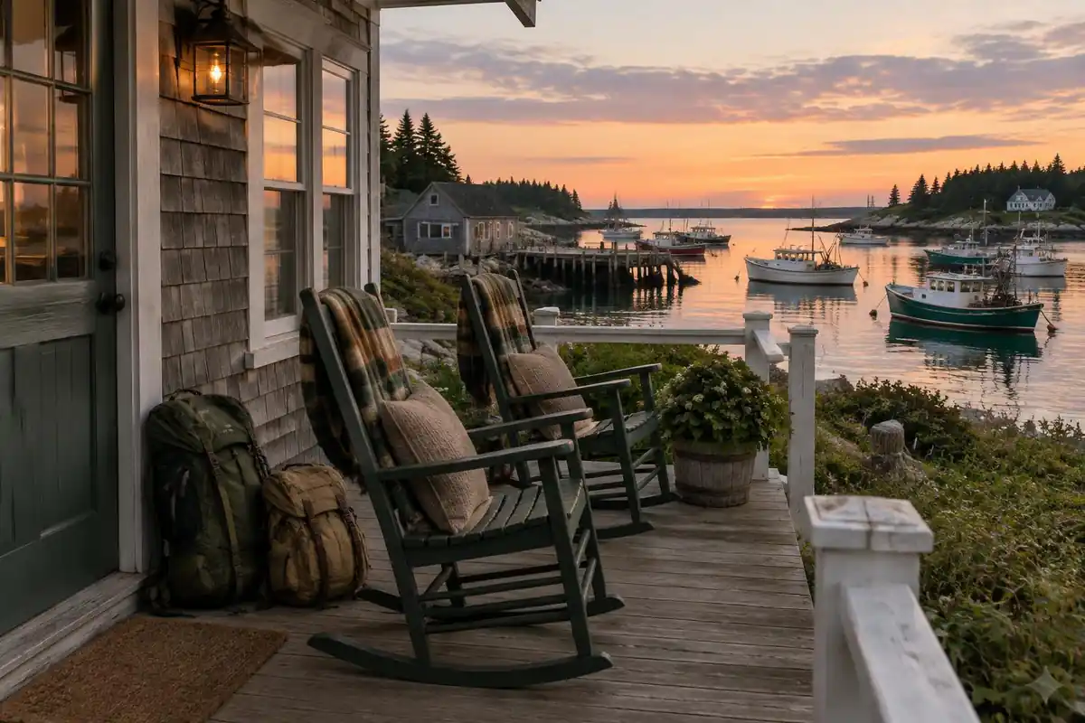 A seaside cottage porch with two rocking chairs and a hiking day pack by the door