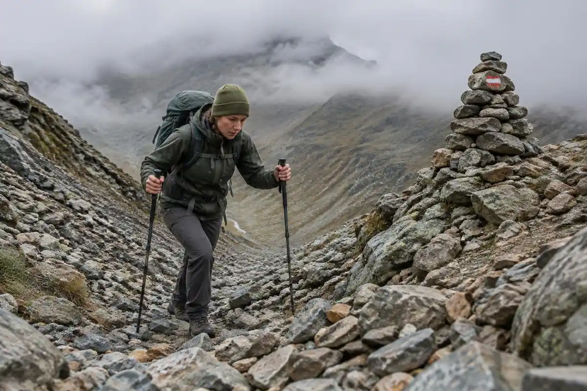 A hiker climbing a scree gully with poles under a marked cairn