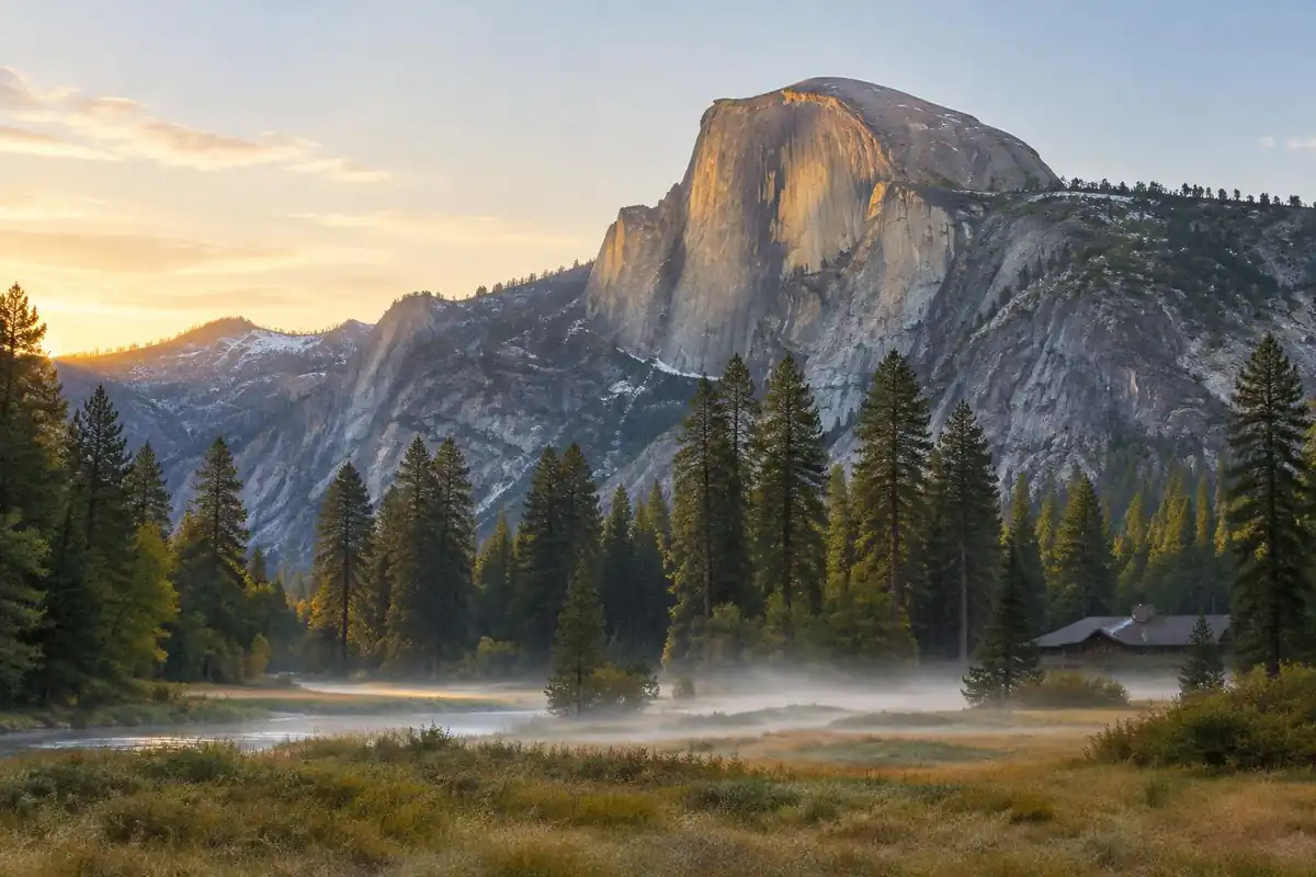 A granite dome rising above a pine valley with mist at first light and a meadow