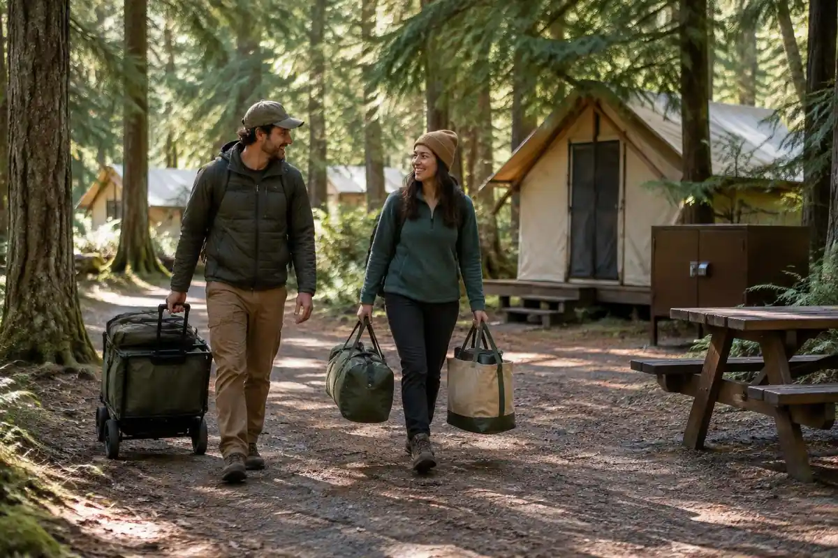 A couple carrying a tent walking through a campground loop among tall cedars