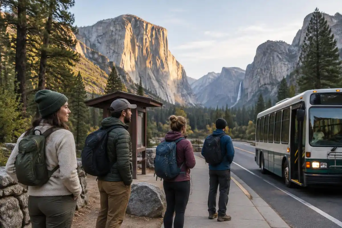A shuttle-bus style stop with hikers waiting along a valley road under cliffs