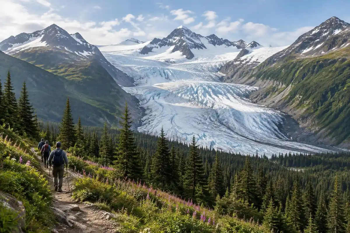 A wide glacier field spilling from a snowfield visible over green slopes and meadow