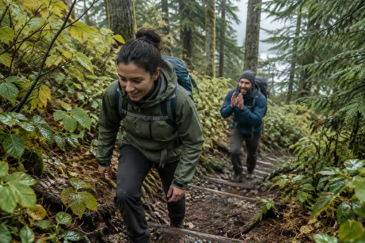 A hiker climbing switchbacks through alder forest with a bell-clip and layers